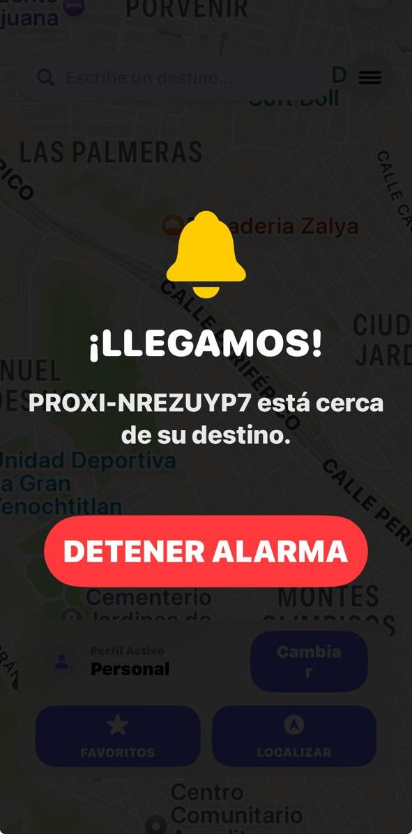Captura real de la app ProxiAlert mostrando la alerta “¡Llegamos!” antes de la parada