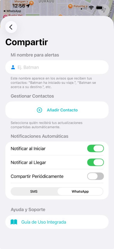Ajustes de Compartir en ProxiAlert